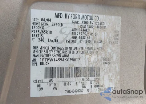 2004 Ford F-150 Fx4/Lariat/Xlt z USA, uszkodzony, nr VIN 1FTPW14594KC98017